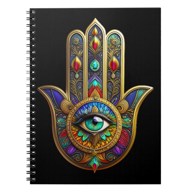 Peacock Color Flower Petals Hamsa Green Third Eye Notebook (Front)