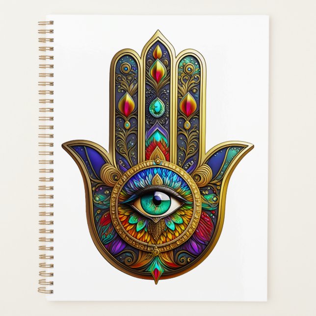 Peacock Color Flower Petals Hamsa Green Third Eye Planner (Front)