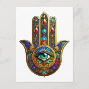 Peacock Color Flower Petals Hamsa Green Third Eye Postcard