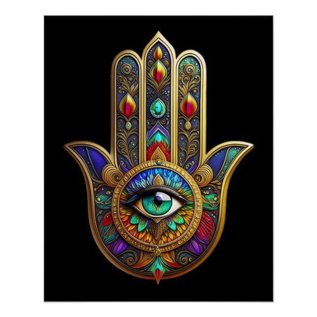 Peacock Color Flower Petals Hamsa Green Third Eye Poster (Front)