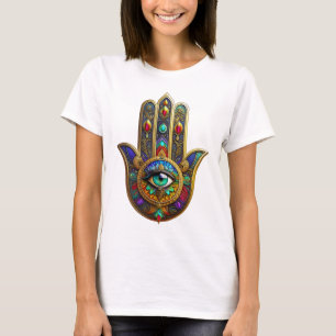 Peacock Color Flower Petals Hamsa Green Third Eye T-Shirt