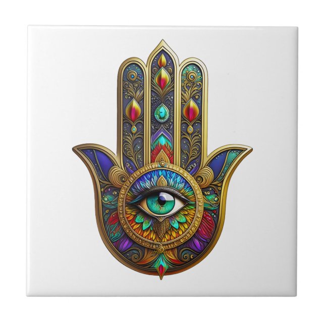 Peacock Color Flower Petals Hamsa Green Third Eye Tile (Front)