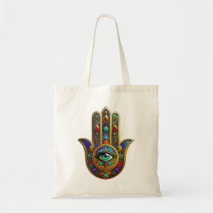 Peacock Color Flower Petals Hamsa Green Third Eye Tote Bag