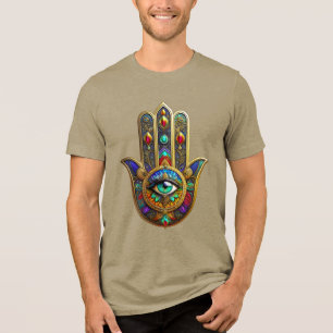 Peacock Color Flower Petals Hamsa Green Third Eye Tri-Blend Shirt