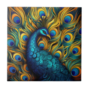 Peacock Colorful Blue and Orange Illustration Tile
