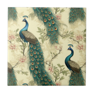 Peacock Colorful Vintage Watercolor Illustration Tile