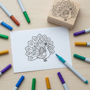 Peacock Coloring Book Outline Wooden Art Stamp
