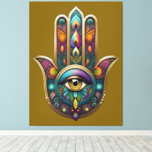 Peacock Colors Hamsa w/ Gold Third Eye Canvas Print