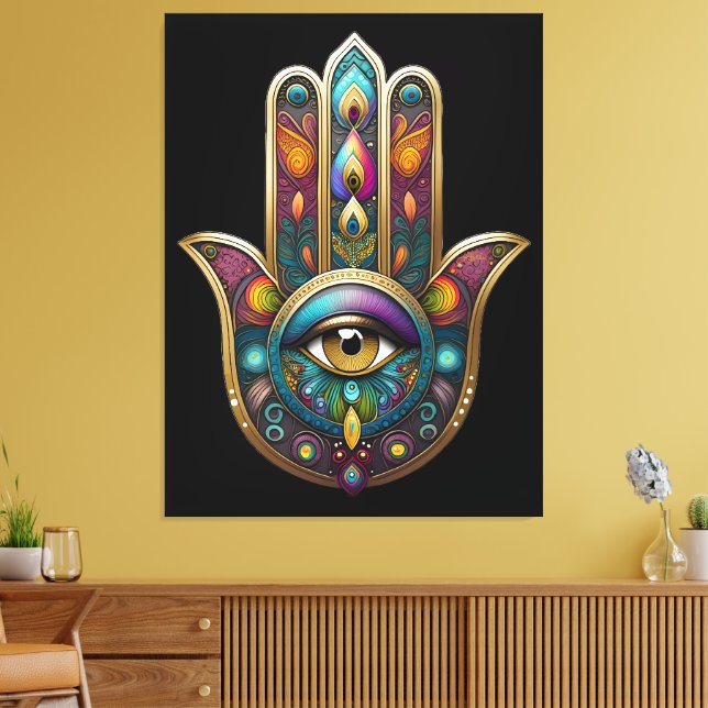 Peacock Colors Hamsa w/ Gold Third Eye Canvas Print (Insitu(LivingRoom))