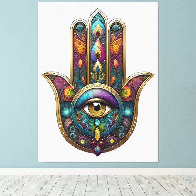 Peacock Colors Hamsa w/ Gold Third Eye Canvas Print (Insitu(Wood Floor))
