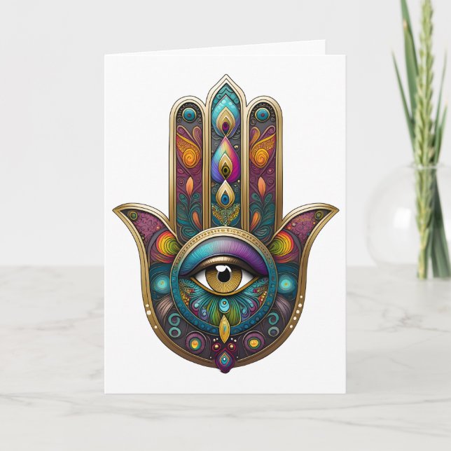 Peacock Colors Hamsa w/ Gold Third Eye Card (Front)