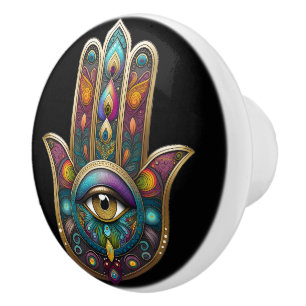 Peacock Colors Hamsa w/ Gold Third Eye Ceramic Knob