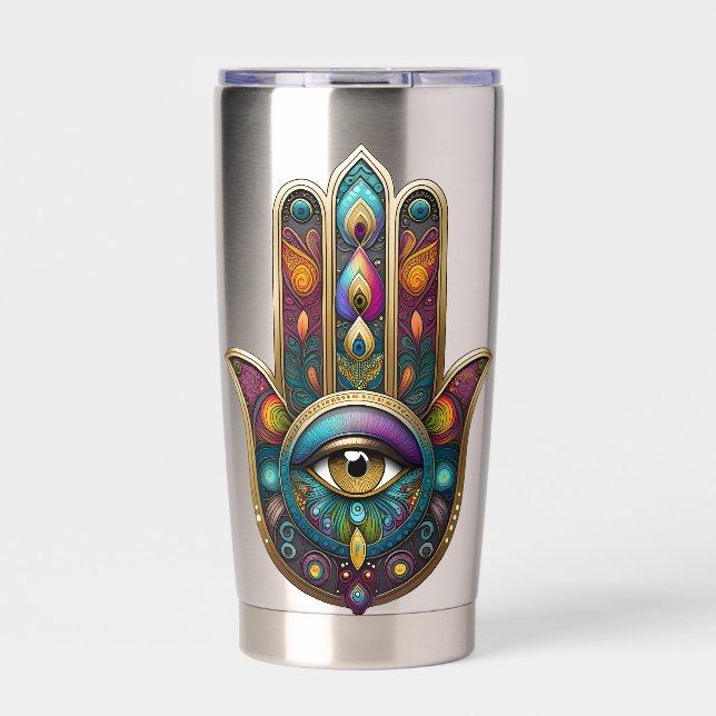 Peacock Colors Hamsa w/ Gold Third Eye Insulated Tumbler (Front)