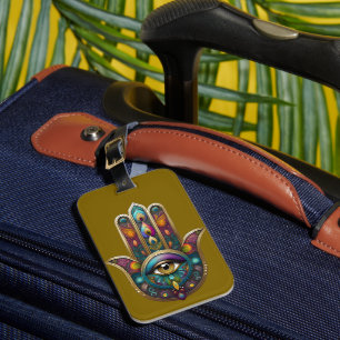 Peacock Colors Hamsa w/ Gold Third Eye Luggage Tag