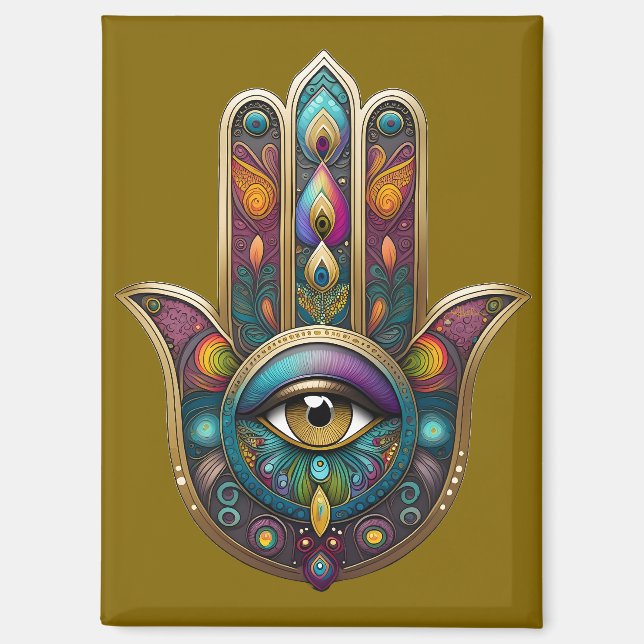 Peacock Colors Hamsa w/ Gold Third Eye Magnet (Front)