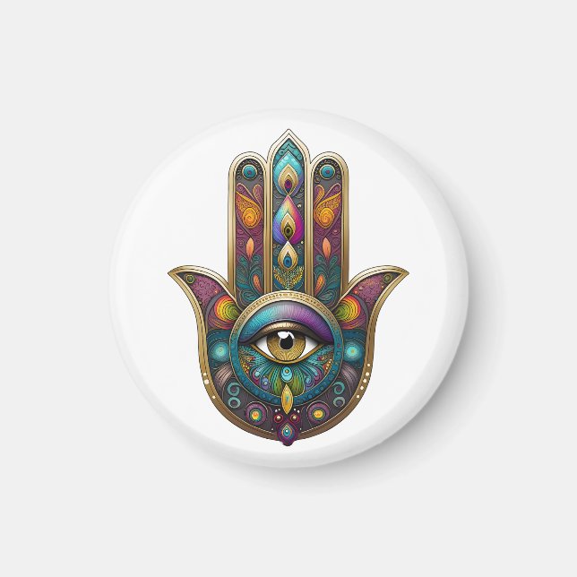 Peacock Colors Hamsa w/ Gold Third Eye Magnet (Front)