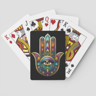 Peacock Colors Hamsa w/ Gold Third Eye Playing Cards