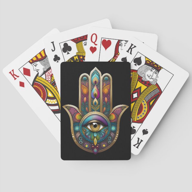 Peacock Colors Hamsa w/ Gold Third Eye Playing Cards (Back)