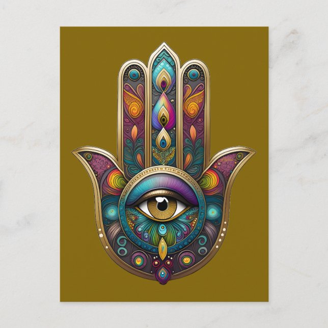 Peacock Colors Hamsa w/ Gold Third Eye Postcard (Front)