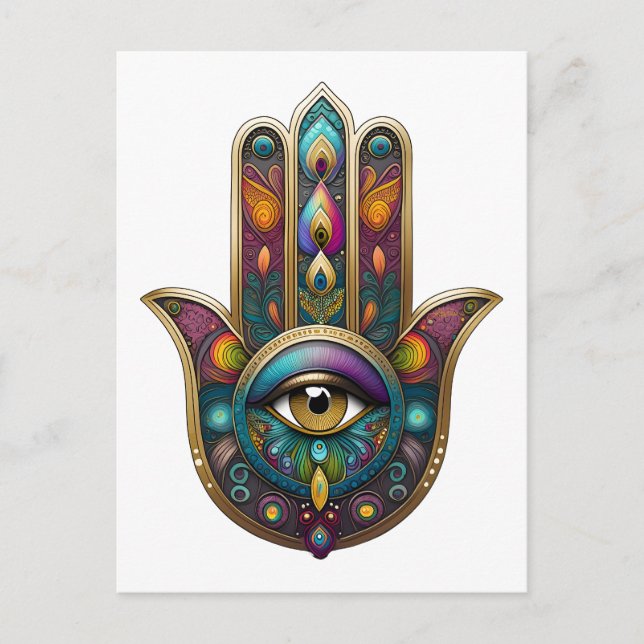 Peacock Colors Hamsa w/ Gold Third Eye Postcard (Front)