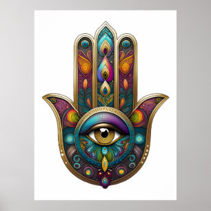 Peacock Colors Hamsa w/ Gold Third Eye Poster