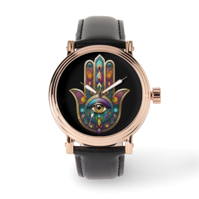 Peacock Colors Hamsa w/ Gold Third Eye Watch (Front)
