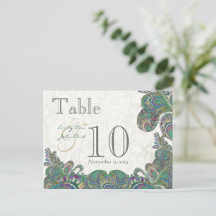 Peacock Colors Paisley Wedding Table Number Postcard