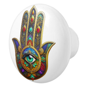 Peacock Colour Flower Petals Hamsa Green Third Eye Ceramic Knob