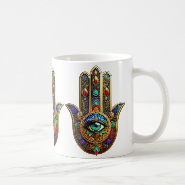 Peacock Colour Flower Petals Hamsa Green Third Eye Coffee Mug (Right)