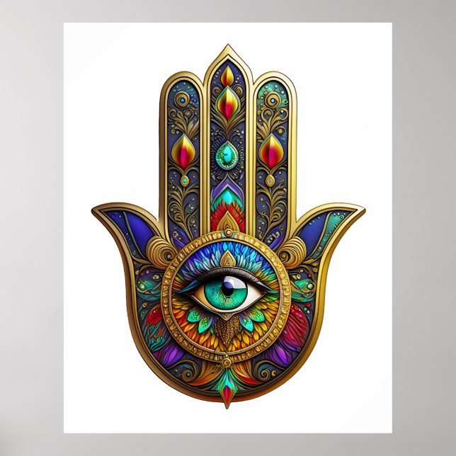 Peacock Colour Flower Petals Hamsa Green Third Eye Poster (Front)
