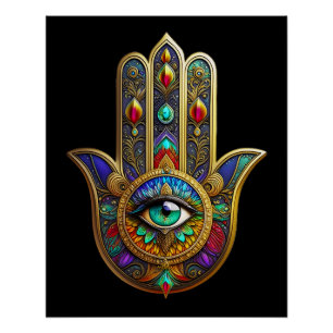 Peacock Colour Flower Petals Hamsa Green Third Eye Poster