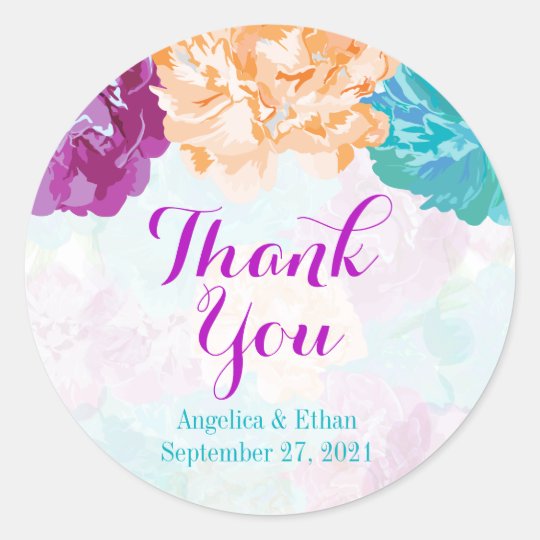 Peacock Coloured Flowers Thank You Stickers