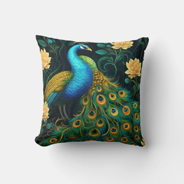 Peacock Colourful Blue Illustration Throw Pillow (Front)