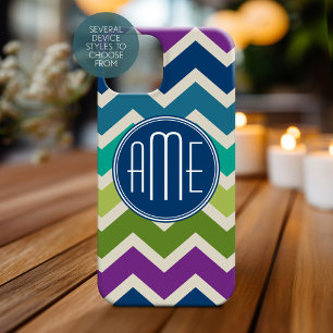 Peacock Colours Chevron Pattern Custom Monograms iPhone 15 Case
