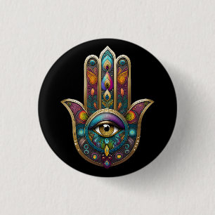 Peacock Colours Hamsa w/ Gold Third Eye 1 Inch Round Button