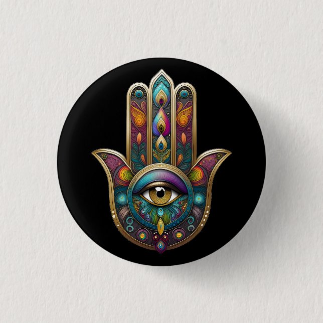Peacock Colours Hamsa w/ Gold Third Eye 1 Inch Round Button (Front)