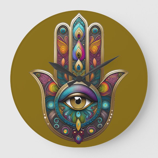 Peacock Colours Hamsa w/ Gold Third Eye Large Clock (Front)