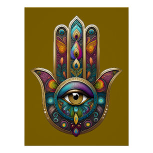 Peacock Colours Hamsa w/ Gold Third Eye Poster