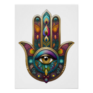 Peacock Colours Hamsa w/ Gold Third Eye Poster
