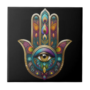 Peacock Colours Hamsa w/ Gold Third Eye Tile