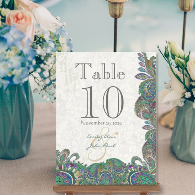 Peacock Colours Paisley Wedding Table Number Postcard (Creator Uploaded)