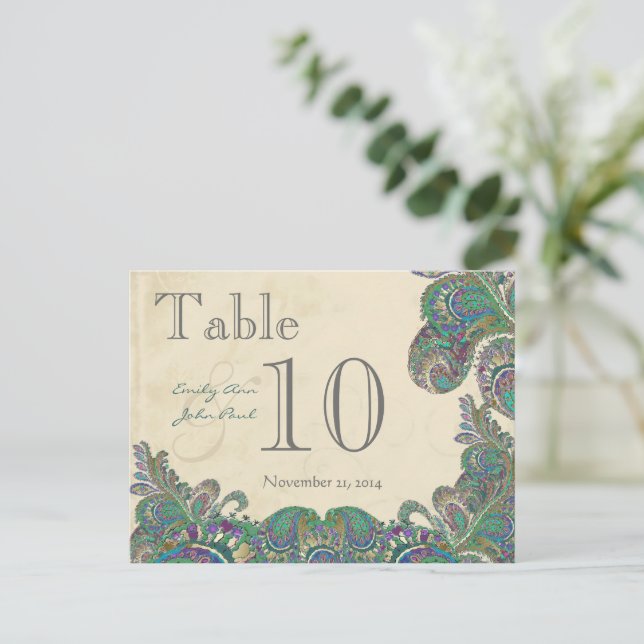 Peacock Colours Paisley Wedding Table Number Postcard (Standing Front)