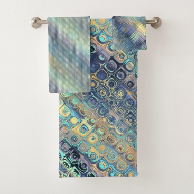 Peacock Colours Varied Patterns Ensemble Bath Towel Set (Insitu)