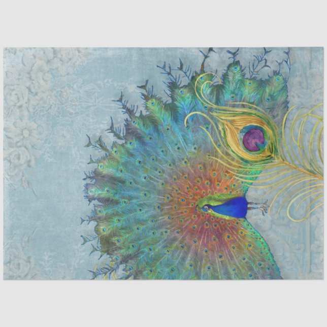 Peacock Decoupage blue teal gold feather floral Ti Tissue Paper (Front)