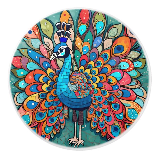 Peacock design, contemporary style, multicolored  ceramic knob (Front)