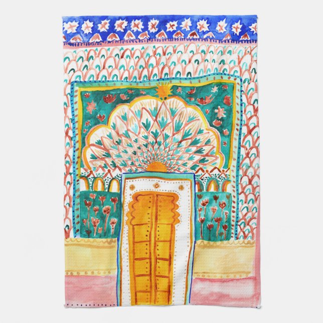 Peacock Door Rajasthan Watercolor India Kitchen Towel (Vertical)