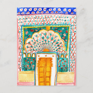 Peacock Door Watercolor Jaipur City Palace Pink Postcard