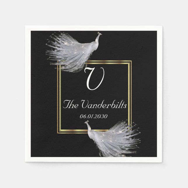 Peacock Eleganace in Black Gold and White Wedding Napkin (Front)