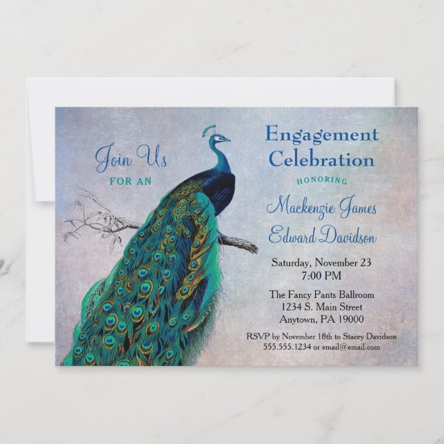 Peacock Engagement Party Invitation Vintage Blue (Front)