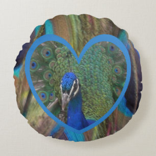 Peacock Face in Heart Round Pillow